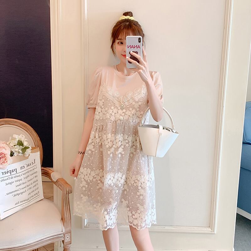 【新作】【送料無料】 マタニティドレス2021夏の新しいレースステッチ偽のツーピースドレス小さな新鮮なミドル丈のマタニティドレス-アリババ サマー 夏物 expec239517137553