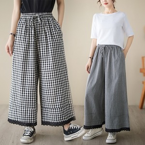 DRAW STRING WAIST CHECKERED WIDE LEG PANTS 2colors M-7342