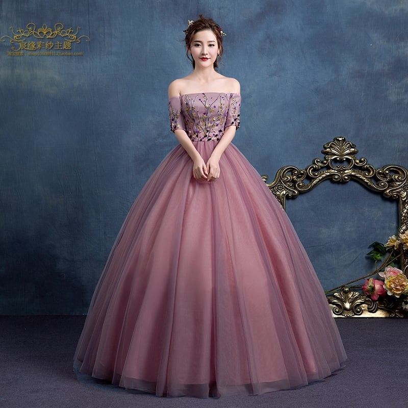 美品！カラードレス ピンク 花モチーフ オフショル プリンセスライン フレアスカート 憧れのドレス エレガント 可愛い シアーな美しさ