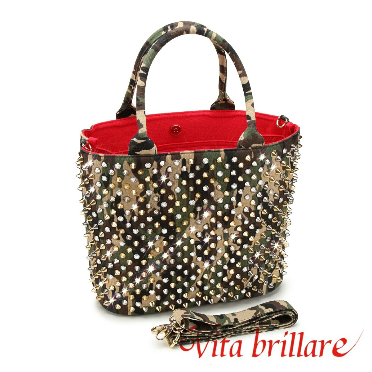 ラインストーン×スタッズ キャンバストートバッグ 迷彩 M | vita brillare