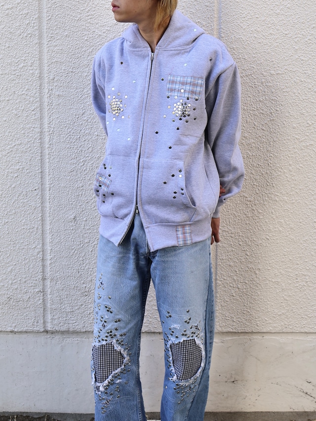 【Hannah Creak/26aw】Studded Hoodie Double Zip Grey