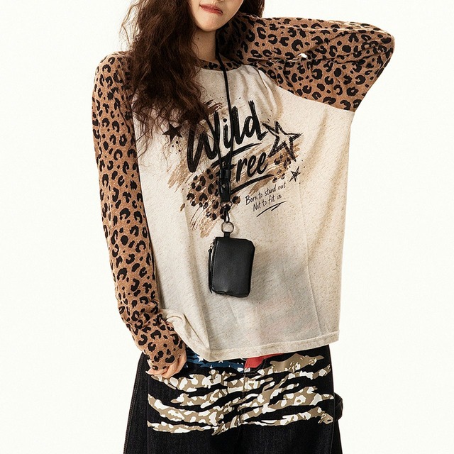 レオパードスリーブグラフィックロングスリーブTシャツ 1col   R02557