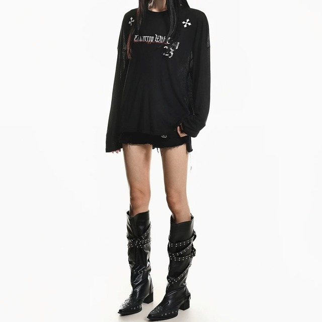 シアーライククロスグラフィックロングスリーブTシャツ 3col   R02549