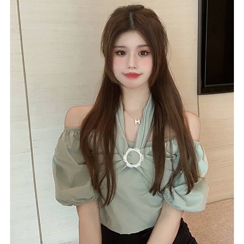 ブラウス レディースサマースタンダードホルターショートシャツ ホワイト レトロ 大人ガーリー スウィート キュート カジュアル 夏物 ガールズファッション54638015077