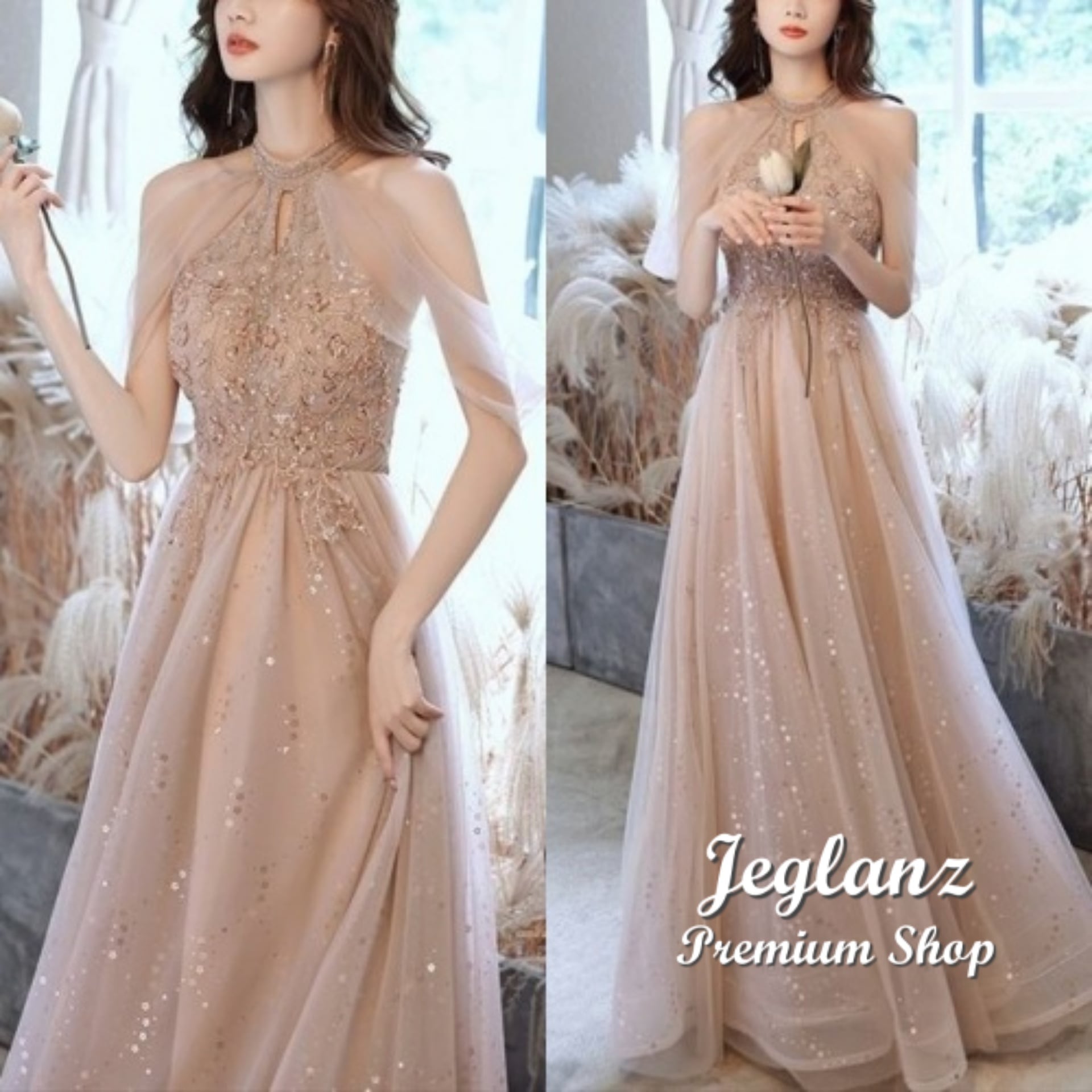 イブニングドレス ホルターネック ティアドロップ キラキラ 光沢感 (O0870)