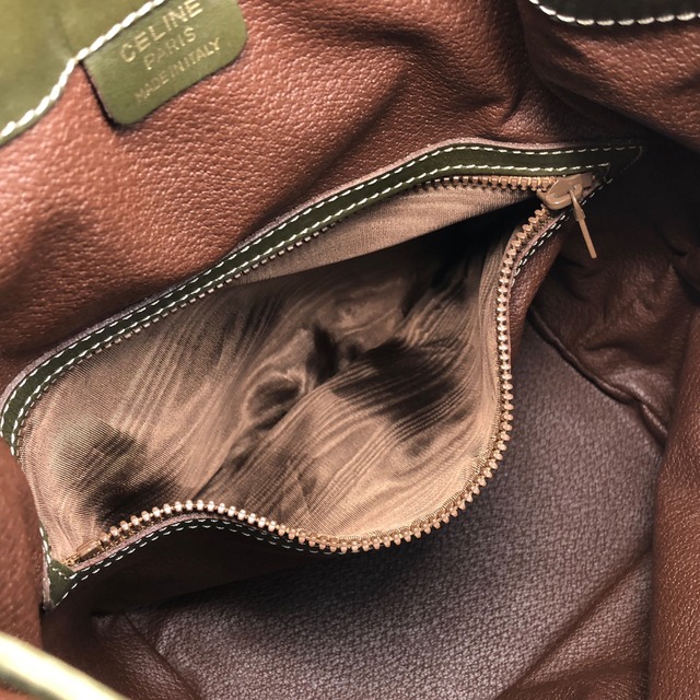 CELINE セリーヌ ショルダーバッグ カーキ ブラゾン型押し レザー 巾着 vintage ヴィンテージ オールド uphaem
