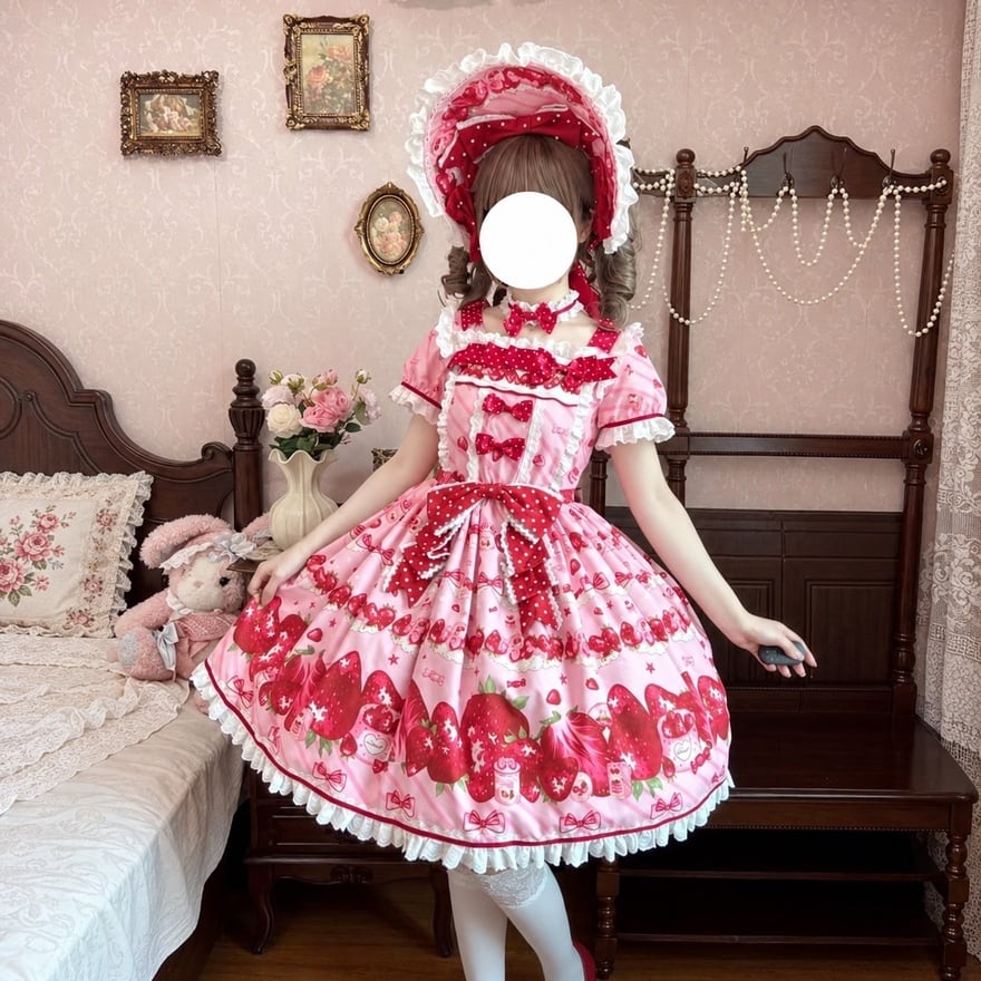 苺姫のティータイム 赤リボンいちご柄姫袖レースフリル甘ロリ