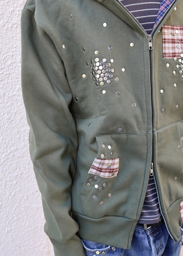 【Hannah Creak/26aw】Studded Hoodie Double Zip khaki