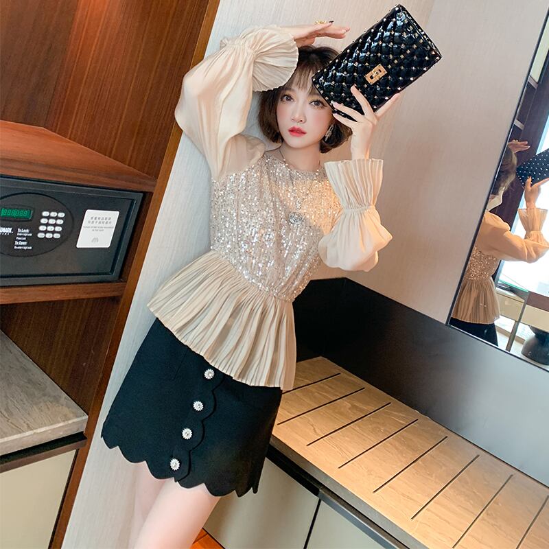 ラウンドネックプリーツスリーブシャツ スプリング エレガント 春物 Oネック MIUCO19297698160