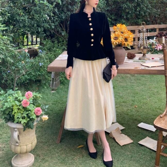 レトロ金ボタントップスカートツーピース29235