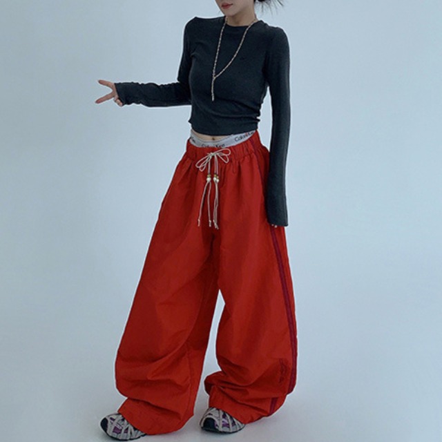 sideline red wide leg pants　サイドラインレッドワイドレッグパンツ　J1315