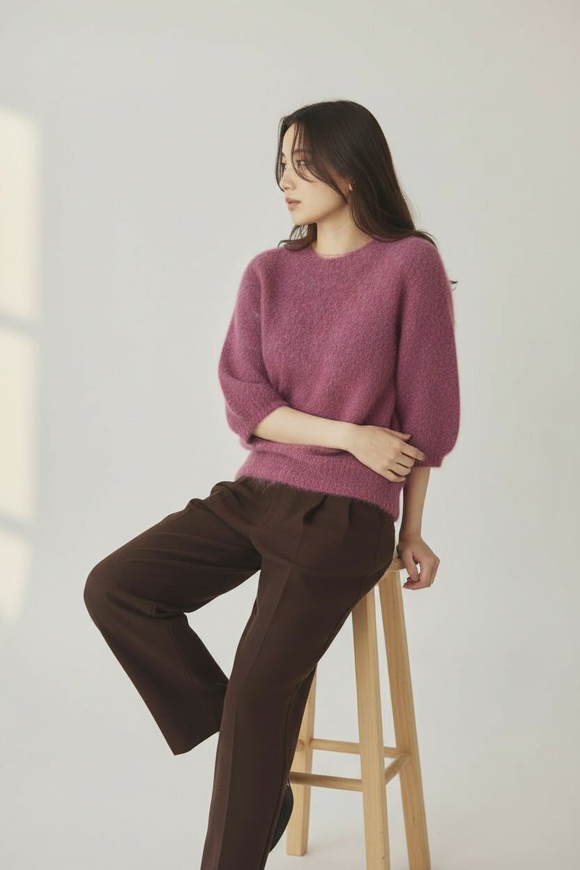 モヘアタッチパフスリーブニット