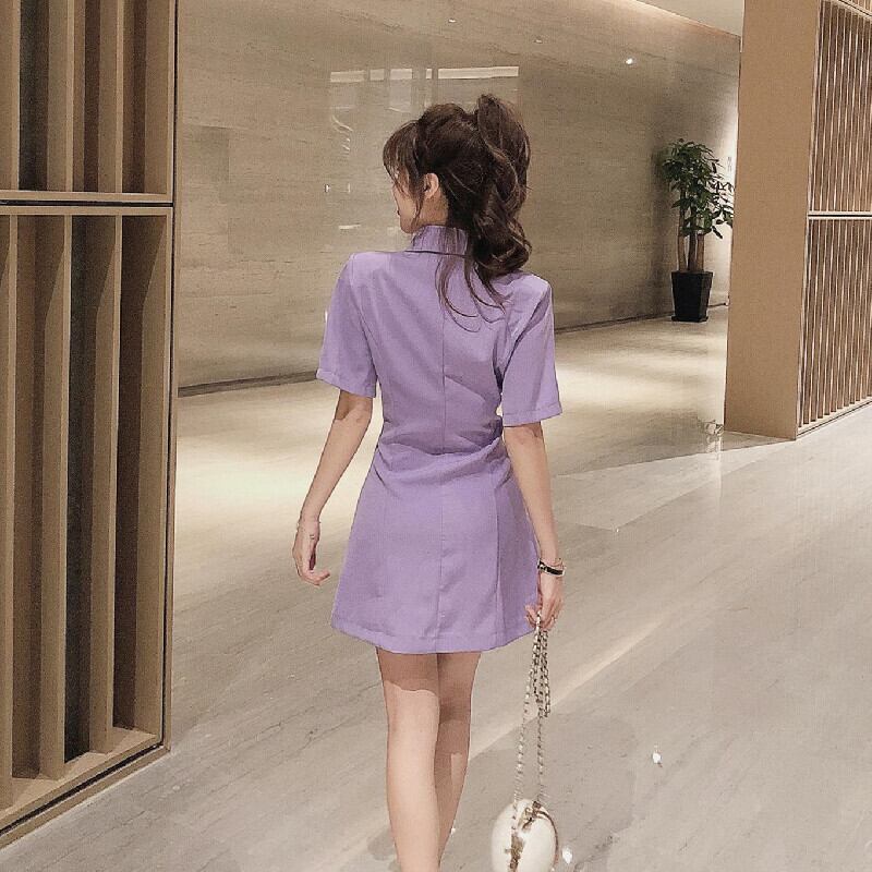 ワンピース 無地 膝上 ファッション 紫 着痩せ ボタン Ol フォーマル 韓国系 パープル ブラック ホワイト オレンジ S M L Ll Dresszone