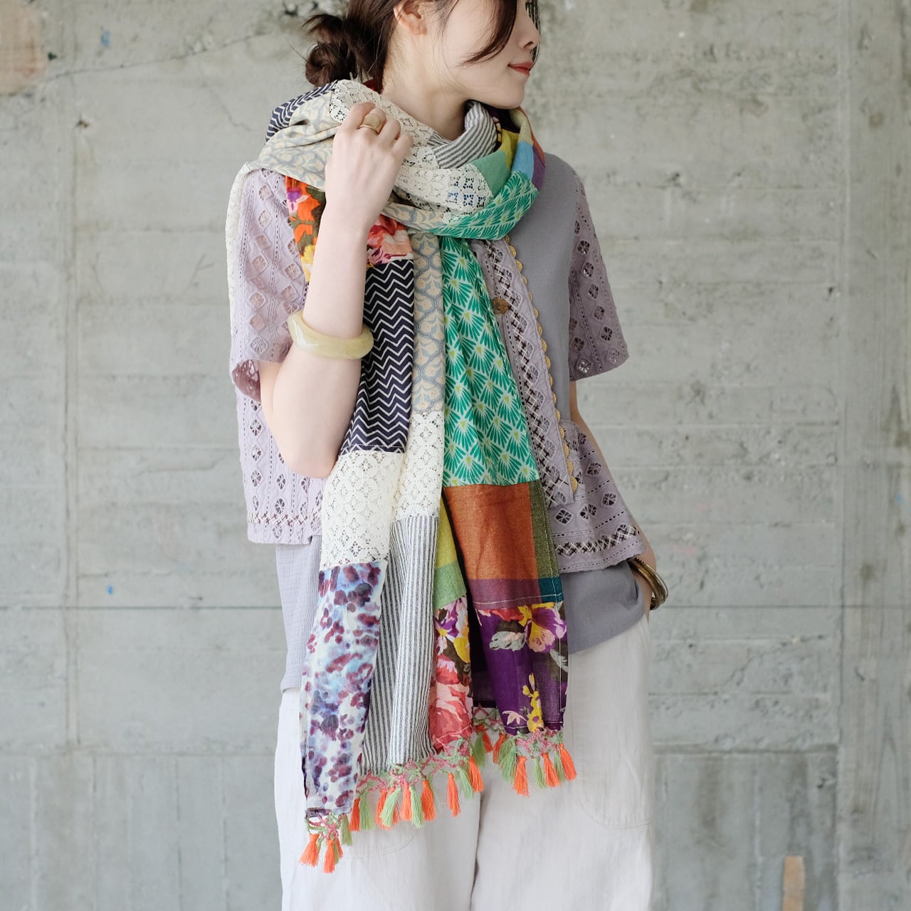彩りをまとう♪カラフルパッチワーク大判ストール（25s-08）パターンA