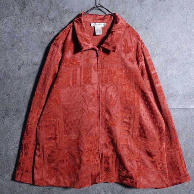 “dressbarn” Orange Geometric & Botanical Design Jacquard Zip Blouson