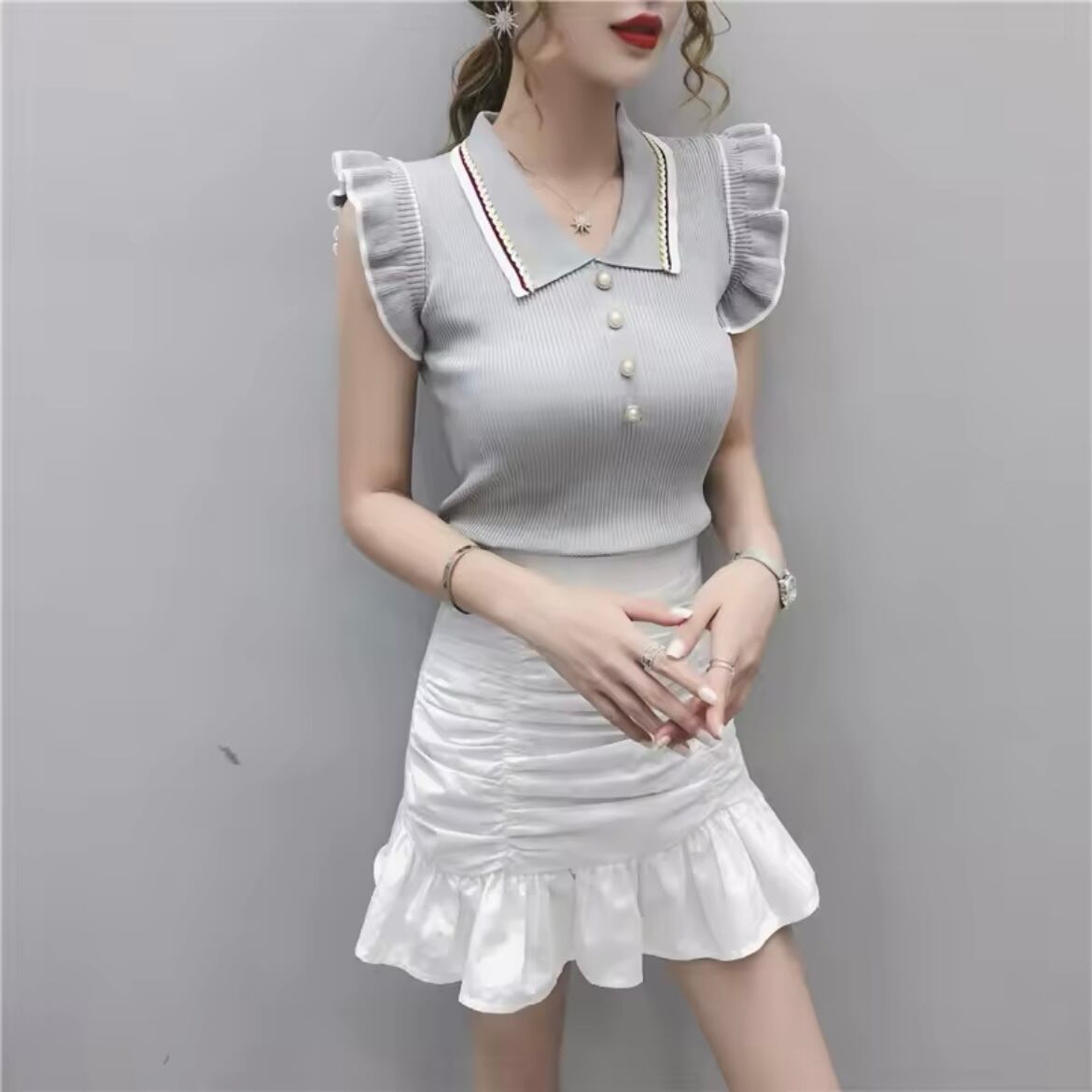 フリルコンパクトリブポロシャツ