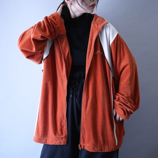 "orange×white" good coloring switching pattern over silhouette velours track jacket