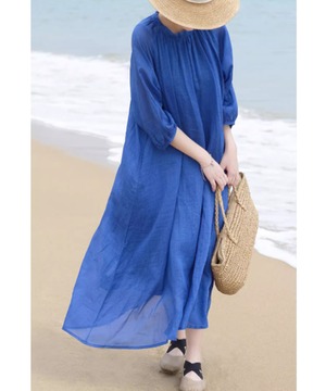 ラミー100％◆ブルーワンピース【w-30514】