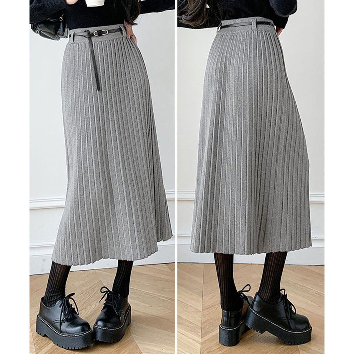 プリーツ ニット スカート レディース 秋冬 韓国 ロングスカート きれいめ 大人 かわいい フェミニン 通勤 ビジネス オフィス シンプル ウエストゴム ハイウエスト ミモレ丈 大人可愛い 大人女子