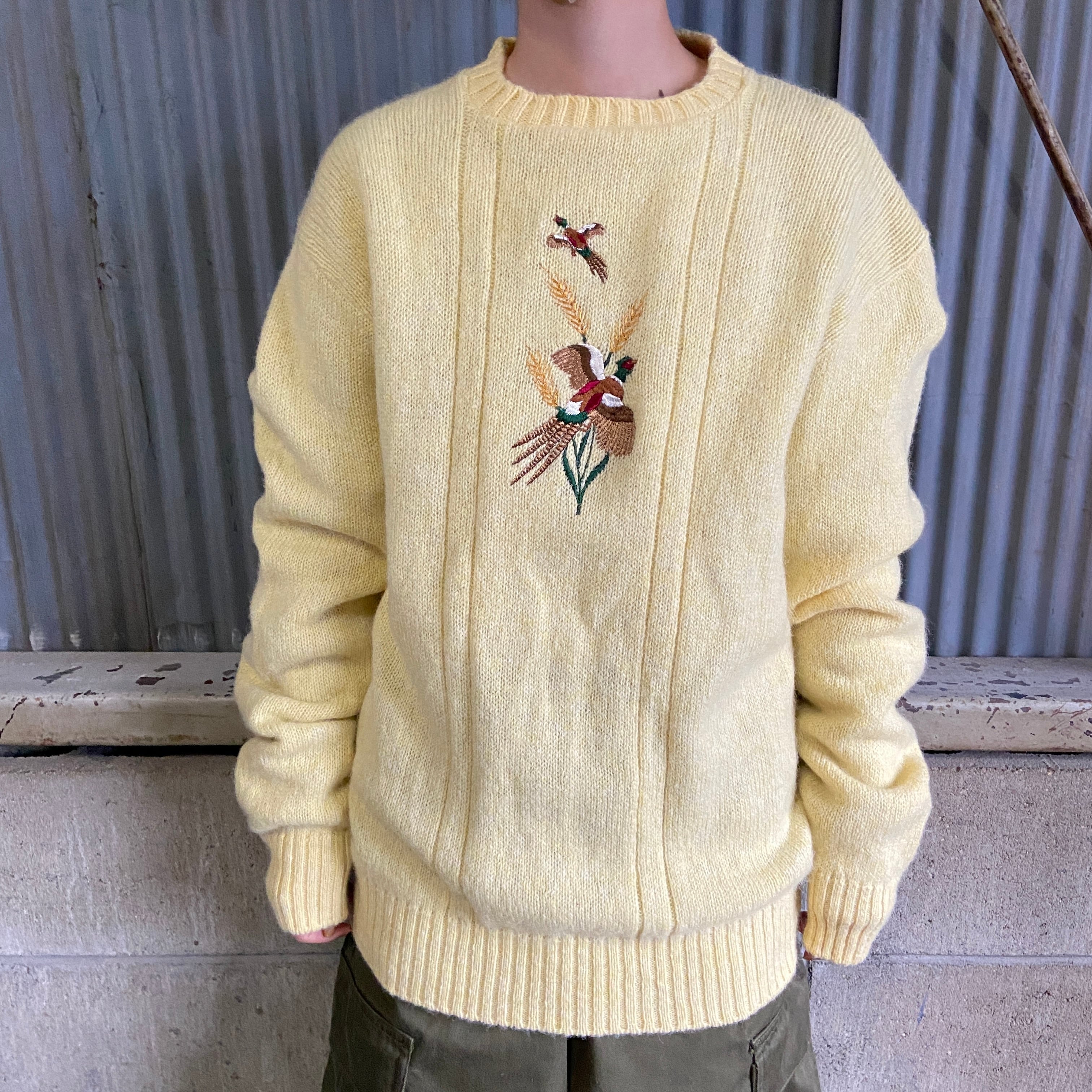 70年代 USA製 鳥 アニマル 刺繍 シェットランドウール ニットセーター 