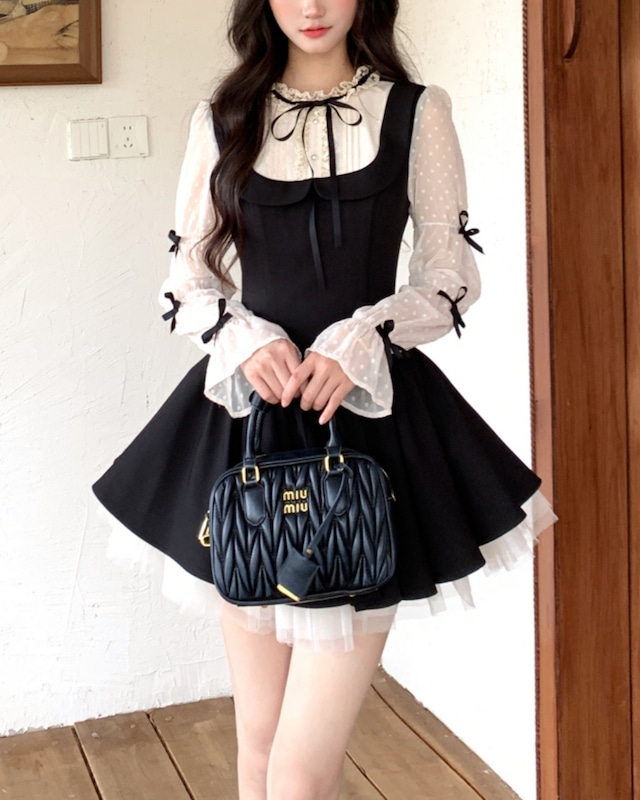 スリーブミニリボン ドット柄シアドッキングワンピース 2608968