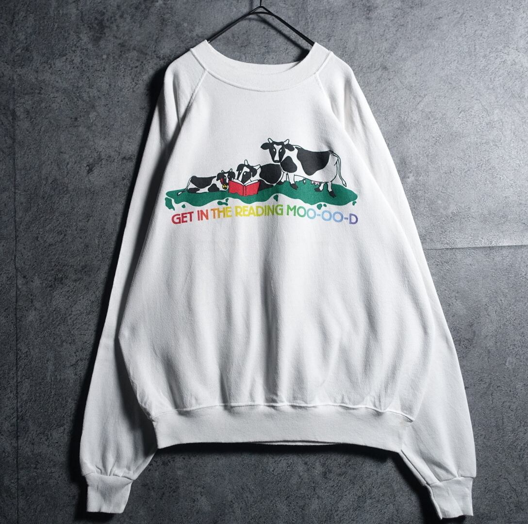 90s “Hanes” White Cow Motif Print Design Sweat