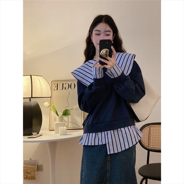フェイクレイヤード 長袖 トレーナー 大きめ襟 ストライプ シャツ カットソー 重ね着風 レディース ※【取寄:発送目安14-21日営業日】