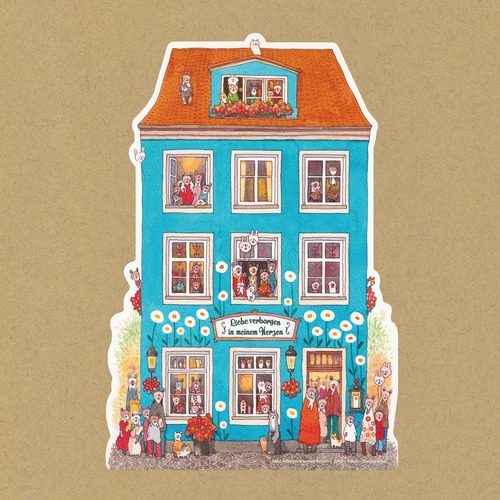 「青い壁の花咲く家」A5サイズのダイカットカード