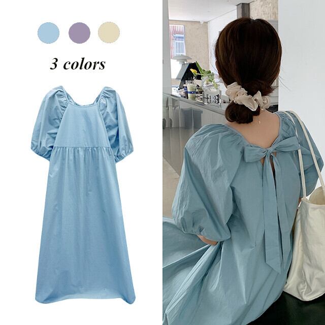 ワンピース レディース ロングワンピ マキシ丈 ルーズ オーバーシルエット パフスリーブ ハイウエスト 五分丈 ゆったり 春夏 ブルー/パープル/アプリコット M/L/XL/2XL