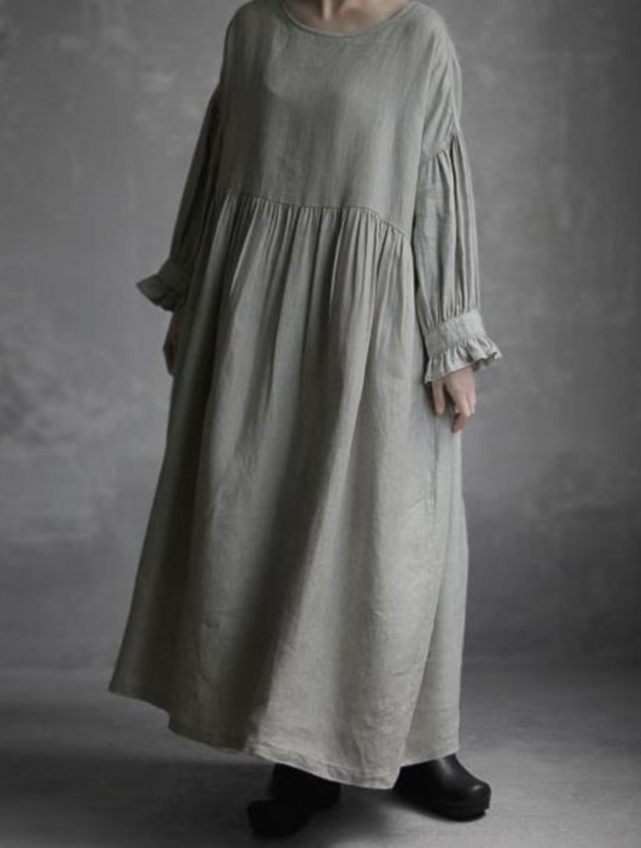 森系フリル付 ハイウエスト リネンワンピース