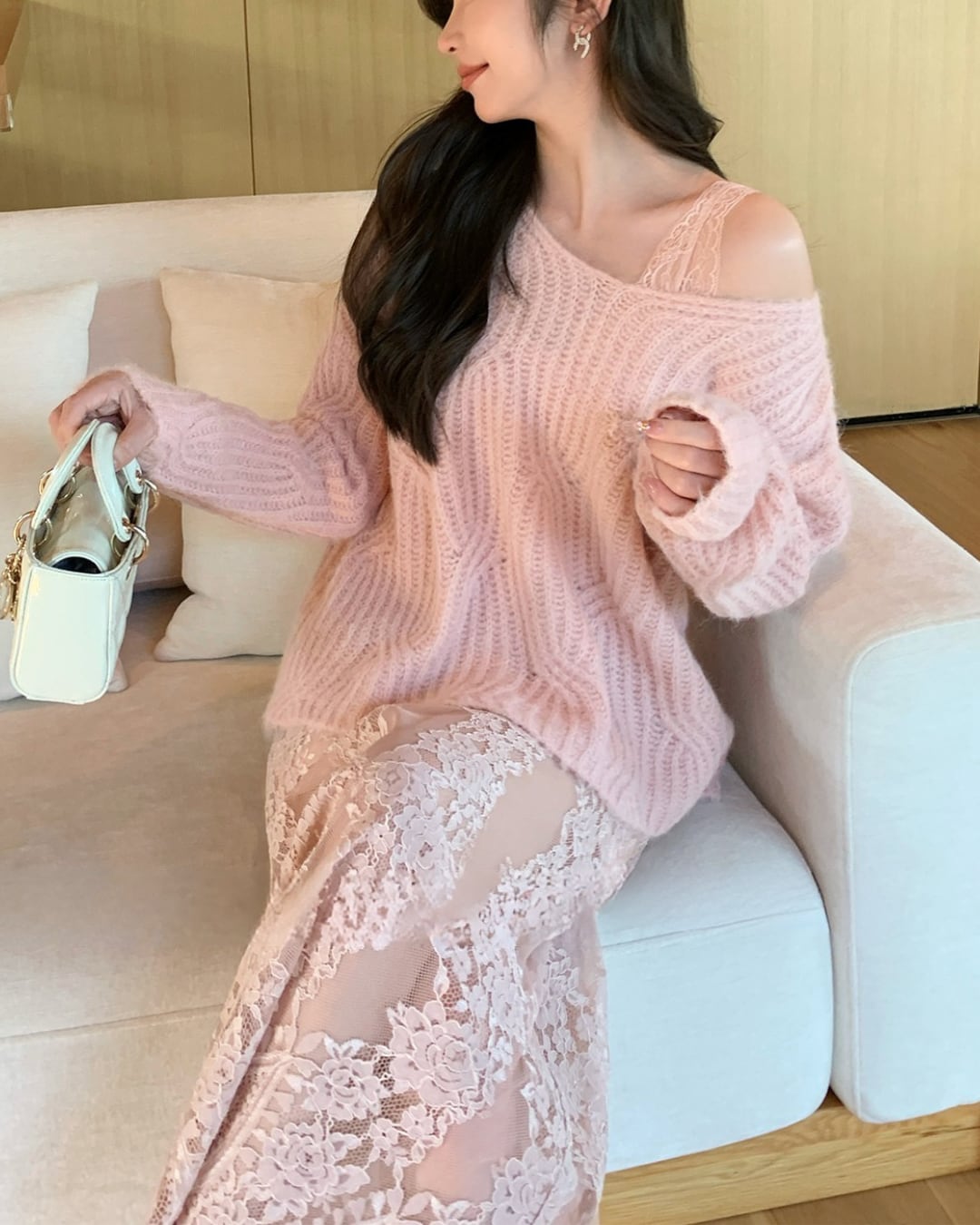 オフショルダーモヘアルーズニットトップス l5377