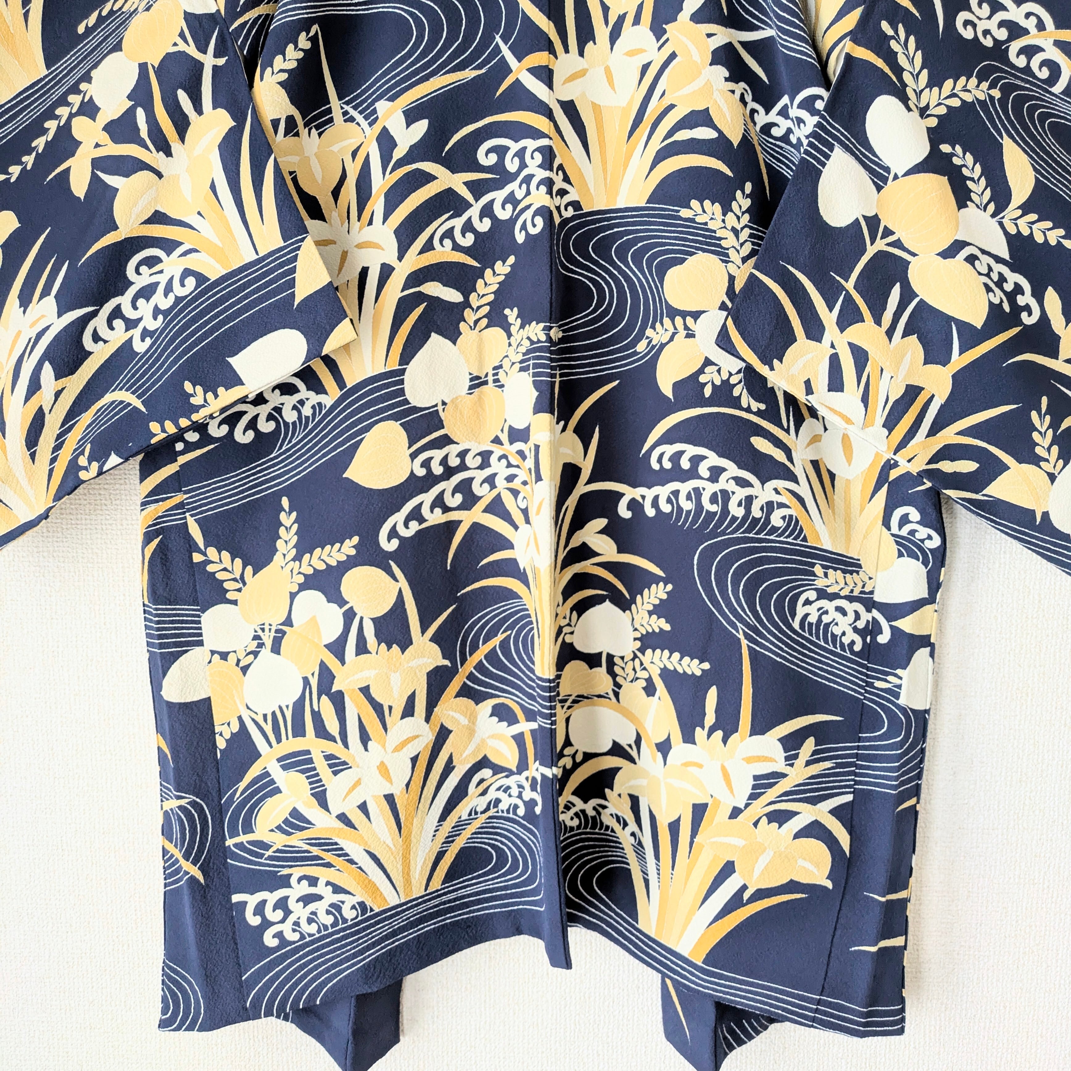 Vintage】HAORI 羽織 正絹 濃紺 杜若 カキツバタ 流水 大正浪漫 古布