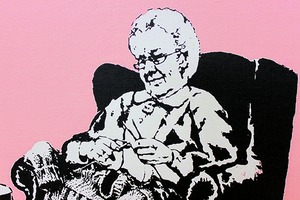 バンクシー「パンク アンド サグ グラニーズ/Punk and Thug Grannies」展示用フック付きキャンバスジークレ