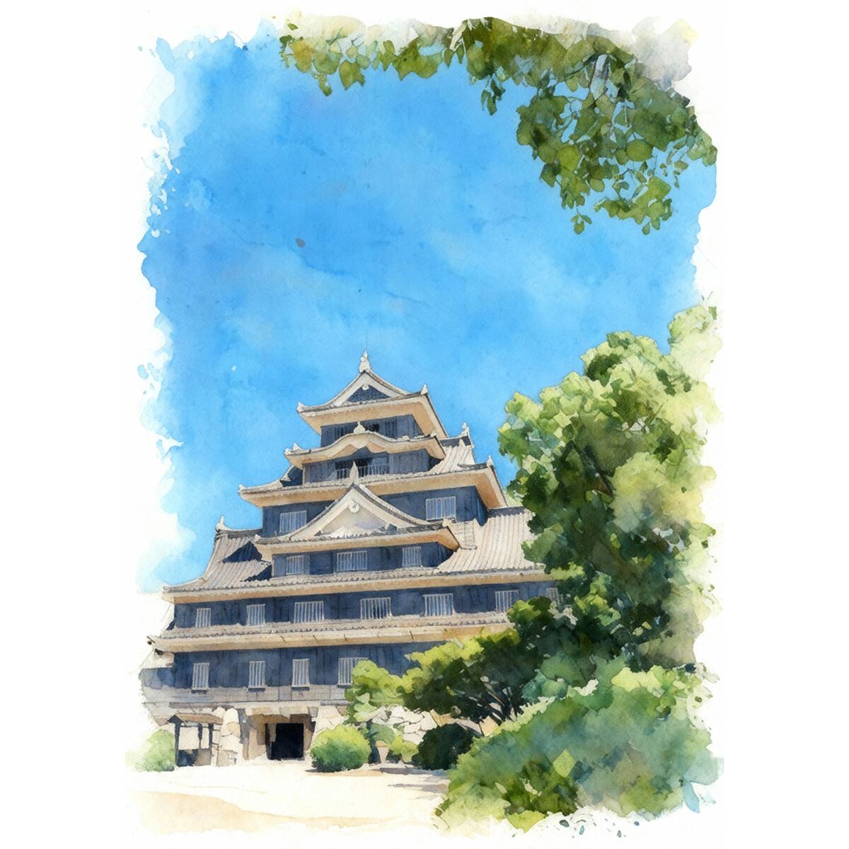 絵画 風景画 日本の 城 岡山県 岡山城 インテリアアート額付き 水彩画風 WAT1673