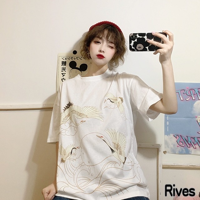 和柄 鶴柄 シャツ 半袖 Tシャツ 黒 ブラック 白 ホワイト グレー 灰色 オシャレ ファッション アパレル Rives リーブス ストリート 韓国 オルチャン Rives Rives