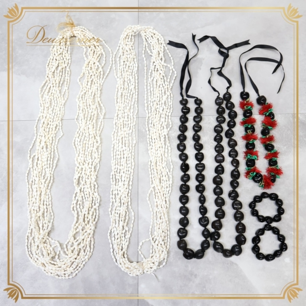 フラダンス 小物 まとめ売り 全7点 セット シェルレイ 12連 ククイ レイ チョーカー ブレスレット アクセサリー 白 黒 赤 首飾り 腕飾り タヒチアン タヒチアンダンス ホワイト系 ブラック系 レッド系