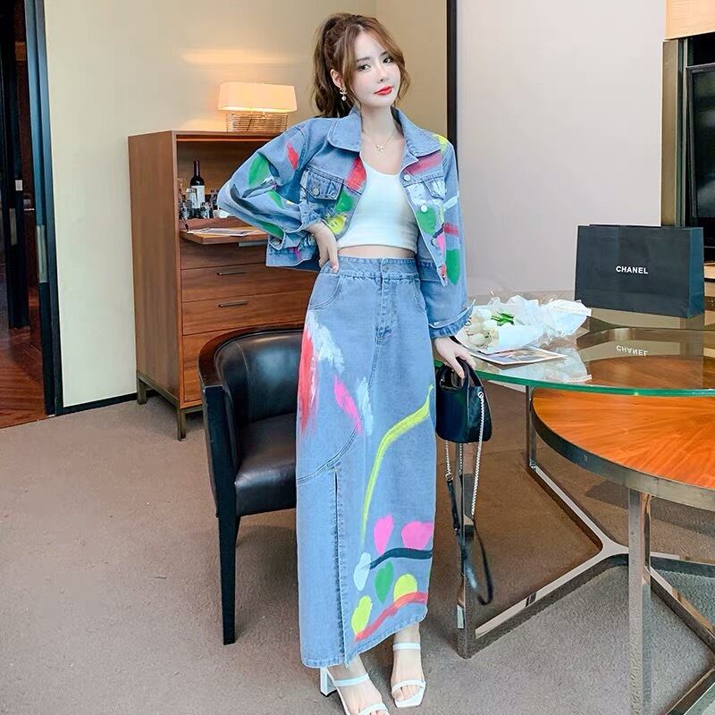 セットアップ】ペイント スカート デニム 水色 ャケット 花柄 フラワー