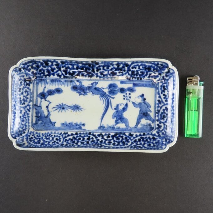 古伊万里染付竹と人物像文長皿