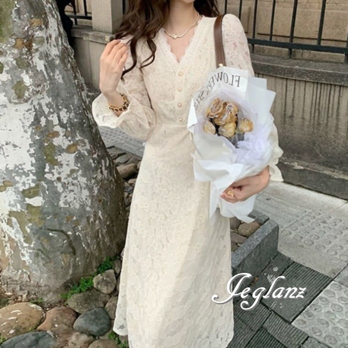 透かし彫り ワンピース ドレス スカラップ パール ボタン 高見え ♪(M4743)ζ