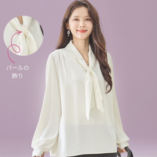 【SALE 6%OFF 4/8 10:00まで】プリーツスリーブシフォンボウタイブラウス【L~LL】アイボリー