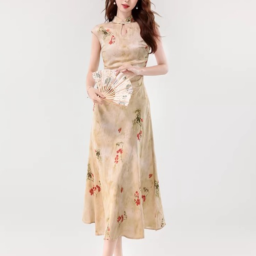 サテンタッチフラワープリントチャイナワンピ ・76199