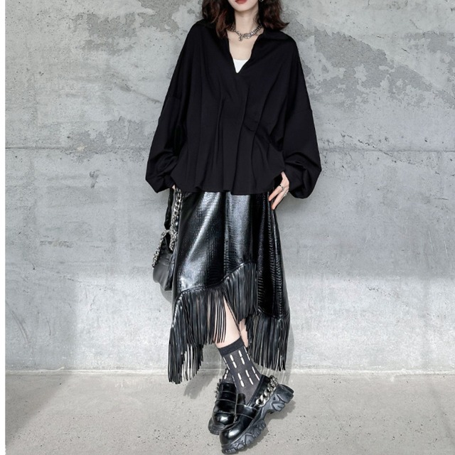 Open Collar Long Sleeve Wide Silhouette Hip-Length Shirt       00252