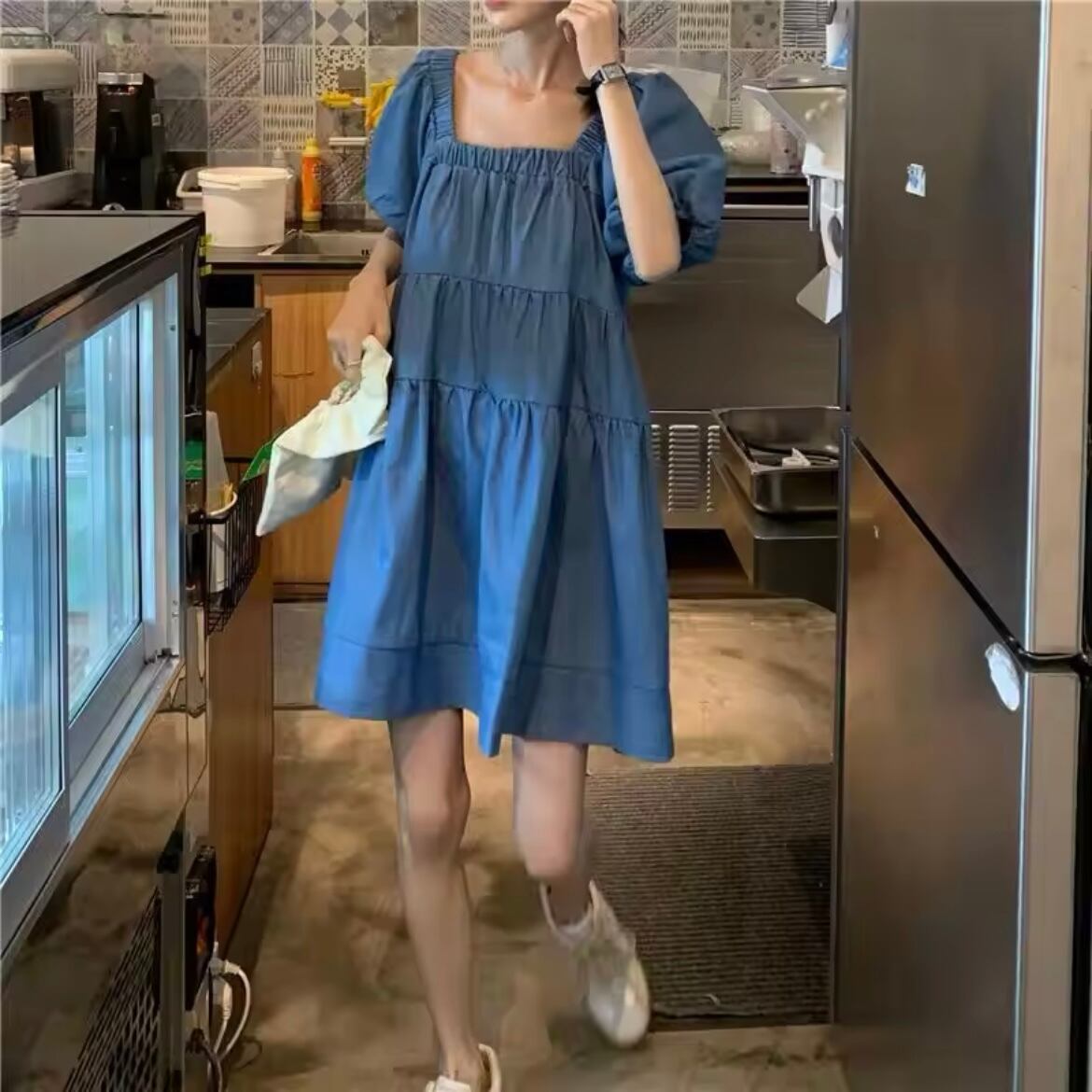 スクエアネックデニムティアードミニワンピース