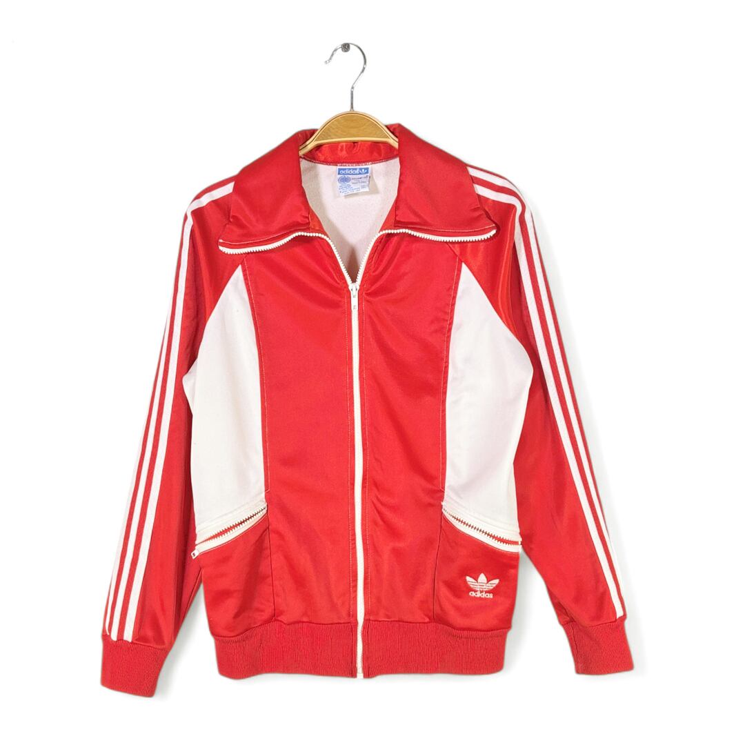 80s アディダス USA製 レディースATPジャージ KEYROLAN ヴィンテージトラックジャケット レッド ホワイト adidas レディースL サイズS相当 古着 @CK0236