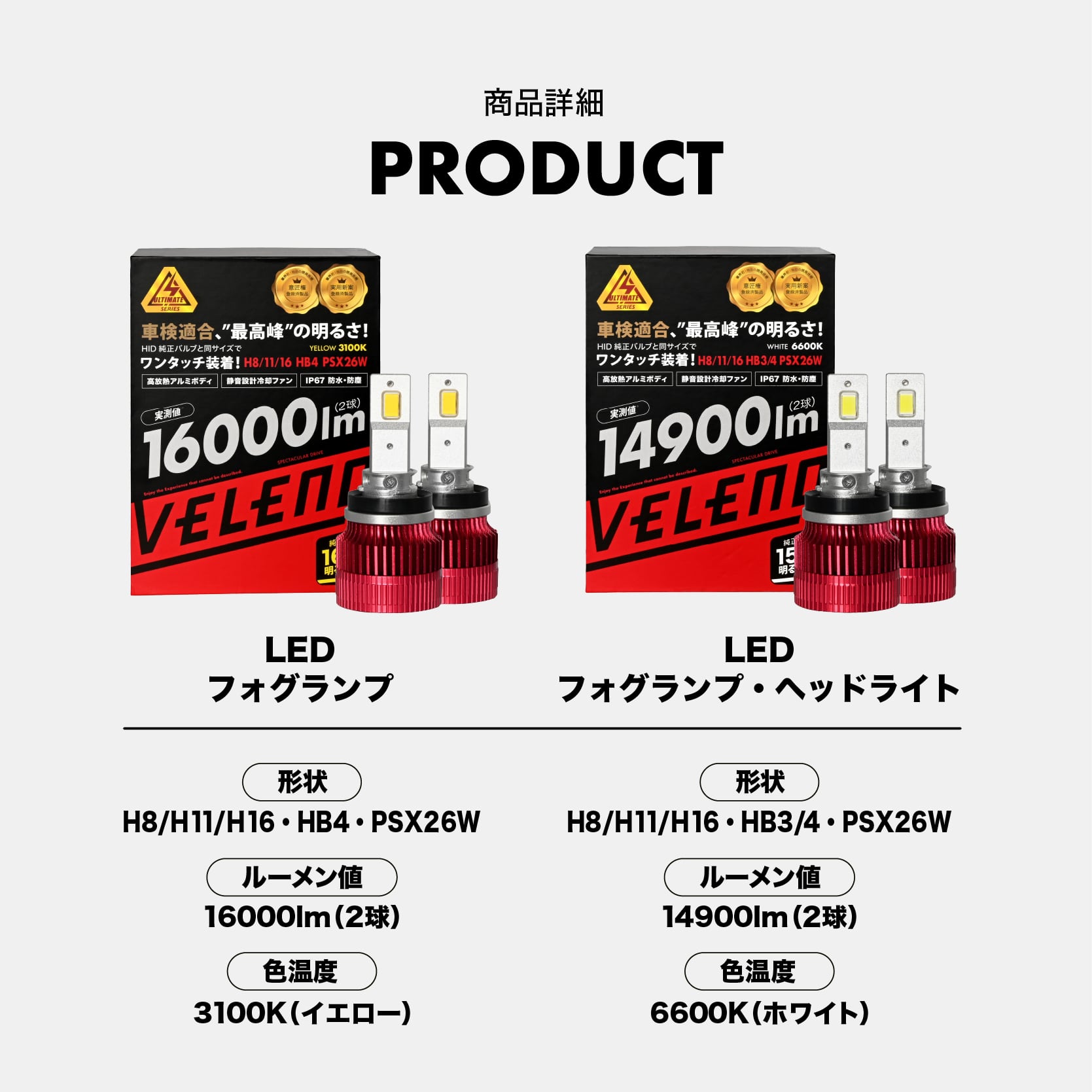 【美品】VELENO ULTIMATE 14,900lm HB3 24h以内発送 VELENO ULTIMATE イエロー 16000lm / ホワイト 14900lm LED