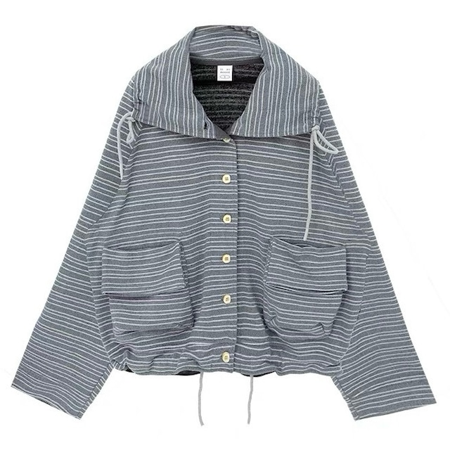 [innomoood] Striped Stand Collar Drawstring Top