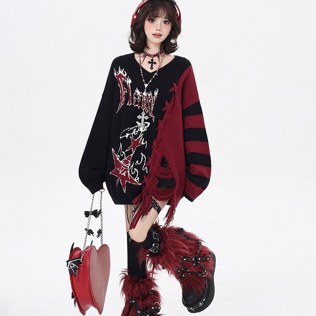 地雷系 ゴスロリ パンク ニット ダメージ Vネック セーター