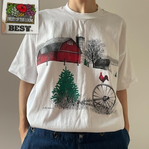 GF580 Tシャツ 00年 古着 00s USA 農場 風景 アート 白T