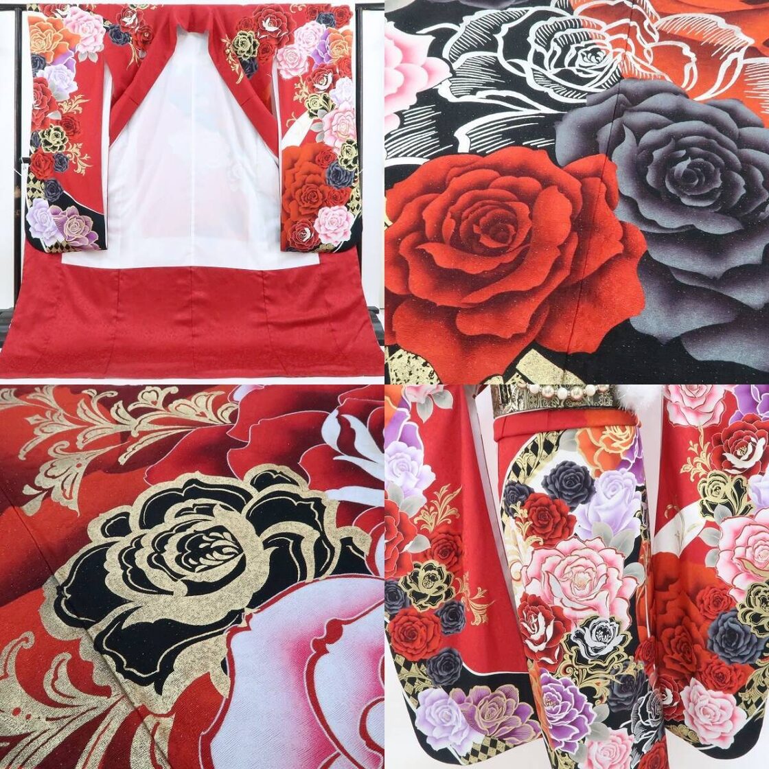 美品 薔薇 銀通し 着物 成人式 正絹 トールサイズ“花の女王が切り開く 