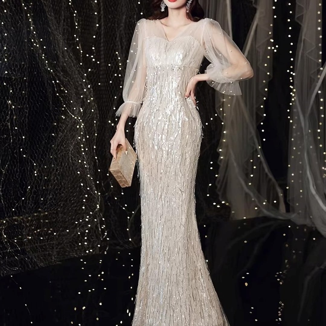 Sheer Sleeve Mermaid Maxi Dress(3color) V3318